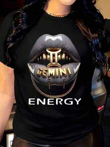 Women's T-Shirt With Lip Print Featuring Gold Teeth And Chain, Round Neck, Short Sleeves, Casual, Suitable For Everyday Outdoor Wear, Perfect For All Seasons. - 黑色 - 查看 10