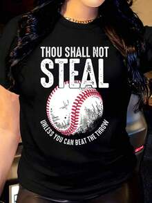 Women's T-Shirt With "Thou Shalt Not Steal Unless Thou Canst Beat The Throw" Print, Casual Round Neck, Short Sleeve, Suitable For Everyday Outdoor Wear, Perfect For All Seasons. - 黑色 - 查看 1