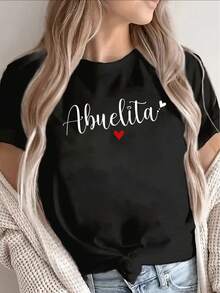 1 camiseta de poliéster de manga corta para mujer, con estampado de abuela y un diseño de corazón, suave y ligera, adecuada para el ocio en casa o reuniones familiares, cómoda para el uso diario, diseño con texto de fondo, 180g Algodón 100%. - Negro - Ver 1
