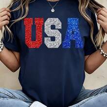100%CottonGlitter Usa Patriotic T Shirt Red White And Blue Sparkle Print For Independence Day Celebration Party WearBreathable Cotton Tee, All Match - 藏蓝色 - 查看 10