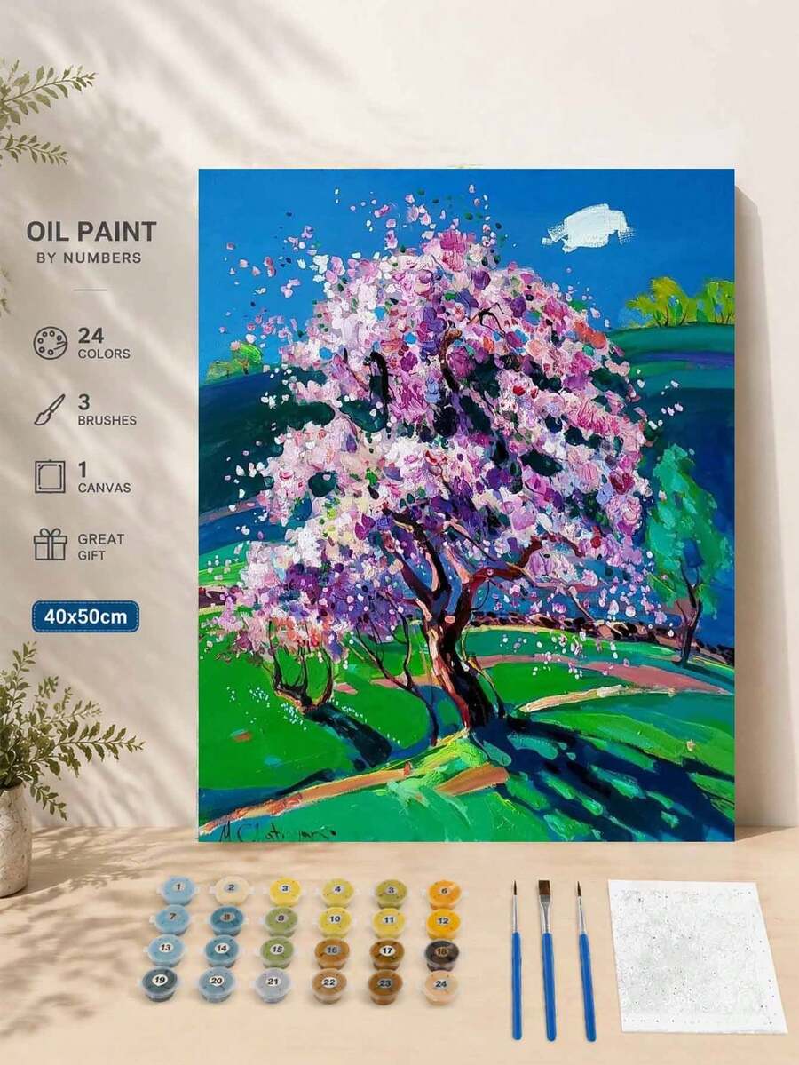 一套DIY丙烯画套装 - 樱花树，艺术个性化定制，适合卧室装饰和艺术墙，简单有趣的绘画体验，无需绘画经验，实现你的绘画梦想，沉浸在缤纷多彩的世界中，每一笔都是自我表达，送给家人朋友的浪漫礼物，节日礼物，40*50厘米