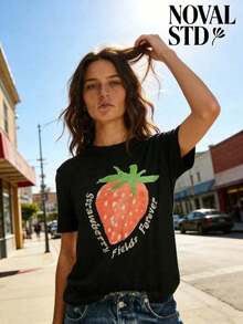 1 Piece Of White Short-Sleeved T-Shirt With Round Neck, Casual Holiday Style, Loose And Multifunctional, With Beatles Strawberry Field Forever Print For Women, Ideal For Everyday Wear. 180g 100% Cotton. - 黑色 - 查看 2