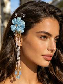 1pc Delicate Faux Tassel Flower Hair Clip, Bridal Headpiece Hair Accessory, Floral Hair Clip Suitable For Women, Versatile Vacay Beach Claw Clips - Multicolor - View 7