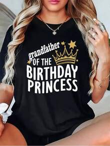Camiseta Deportiva Casual para Mujer - Camiseta Negra Elástica de Cuello Redondo con Gráfico de Princesa y Accesorios de Joyería para el Cumpleaños del Abuelo. Lavable aáquina, Ajuste Cómodo y para Todas las Estaciones, Perfecta para Celebraciones Familiares. - Negro - Ver 1
