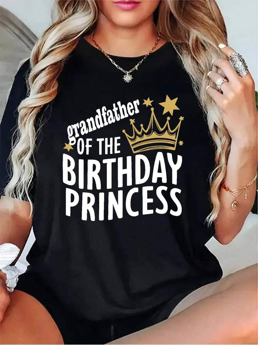 Camiseta Deportiva Casual para Mujer - Camiseta Negra Elástica de Cuello Redondo con Gráfico de Princesa y Accesorios de Joyería para el Cumpleaños del Abuelo. Lavable aáquina, Ajuste Cómodo y para Todas las Estaciones, Perfecta para Celebraciones Familiares. - Negro - Ver 1