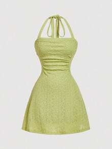 X YERIMUA  MOD Vestido mini de mujer con cuello halter, plisado y texturizado de unicolor - Verde - Ver 6