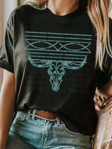 Cowboy Boots Print T-Shirt, Bull Skull, Turquoise, Cowboy T-Shirt. Rodeo, Bella Canvas, Unisex, Country Western Gift For Her, Cool Summer Clothes For Women 2026 - 黑色 - 查看 1