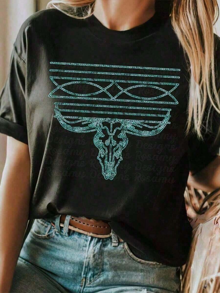 Cowboy Boots Print T-Shirt, Bull Skull, Turquoise, Cowboy T-Shirt. Rodeo, Bella Canvas, Unisex, Country Western Gift For Her, Cool Summer Clothes For Women 2026 - 黑色 - 查看 1