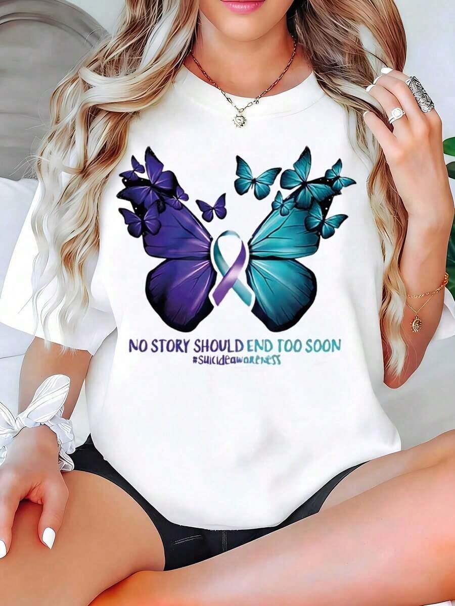 Women's T-Shirt With Butterfly Design For Suicide Awareness, Short Sleeves, Round Neck, Casual Summer Top, And A Great Gift For Friends And Family. Made Of Cotton, Machine Washable, This Casual Top Is Suitable For Everyday Wear. - 白色 - 查看 1