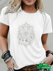 Women's T-Shirt With Round Neck And Anime Letter Print, Simple Design, Comfortable And Breathable, Suitable For Casual Daily Wear, Showing A Natural And Elegant Style, A Must-Have For Summer Parties, With Butterfly And Flower Motifs. - 白色 - 查看 6
