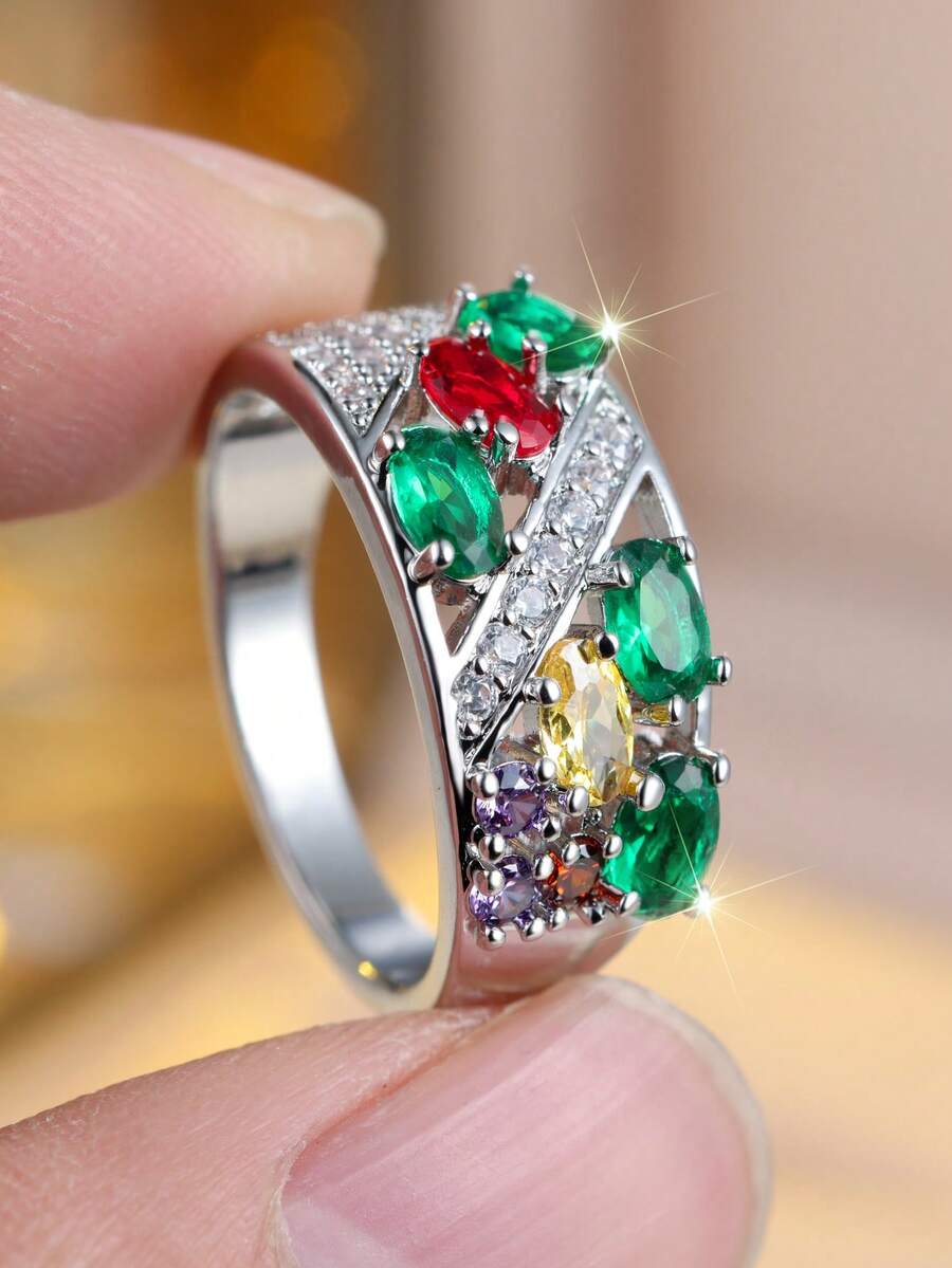 Vanel 1 buah Cincin Pernyataan Chic Berwarna Perak, Desain Gugusan Berbagai Batu Permata dengan Aksen Bening untuk Pemakaian Sehari-hari - Perak-Beraneka Warna - View 1