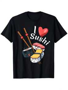 Modern And Unique Japanese-Style T-Shirt With A Sushi And Sashimi Design And Soy Sauce, "I Love Sushi." This Relaxed Fit, Unisex Short-Sleeved T-Shirt Is Casual And Comfortable, Made From 100% Pure Cotton. Available In Sizes S-XXXL, This Soft And Comfortable Cotton T-Shirt Is Machine Washable And Suitable For Everyday Casual Wear Or As A Unique Gift. It's Also Great For Sports Enthusiasts In All Seasons. | Fun Design T-Shirt | Ideal For The Gym And Outdoor Activities - 黑色 - 查看 1