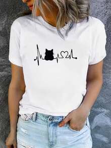 Casual Crew Neck T-Shirt, Plus Size T-Shirt For Women, Printed T-Shirt For Women, Printed With A Cat Heartbeat And Love Design - Fun Print, Machine Washable, Casual And Versatile, Loose And Comfortable, A Perfect Gift For A Good Friend. - 白色 - 查看 8