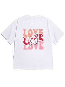 Spring/Summer 2026, New Women's Off-Shoulder Loose Fit Short Sleeve T-Shirt For Valentine's Day, With "Heart, Smile, Multicolor, LOVE" Print And Sweet Dollar Element. Fresh And Sweet Style, Comfortable And Skin-Friendly, Perfect For Women's Casual Daily Wear - High Quality. - 白色 - 查看 7