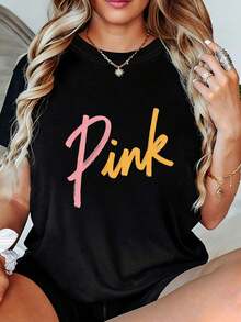 Camiseta de mujer con estampado degradado en rosa - camiseta de moda con cuello redondo, decorada con letras en rosa, amarillo y naranja, suave y transpirable, ideal como regalo casual y de moda para amigas y familiares. - Negro - Ver 1