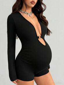 Parara Maternity Short Sleeve Jumpsuit, Tight And Comfortable Casual, All-Season Fashionable Layering, Sporty Casual Style, Suitable For Dates, Daily Wear, Home, Halloween And Other Occasions Spring Black - Black - View 3