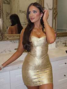 SYchuan 女款性感露背細肩帶針織緊身迷你洋裝，高彈力無袖短版鉛筆裙，優雅派對夏季穿搭 - 金色 - 查看 1