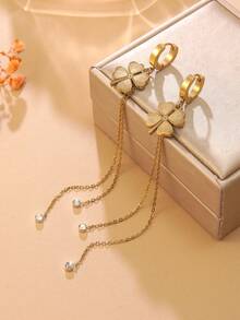 VceTd 1 Pair Elegant Style Stainless Steel Clover Tassel Earrings With Glass Decor, Suitable For Women To Wear At Banquets - Yellow Gold - View 8