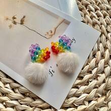 Handmade Beaded Rainbow Heart Earrings, White Pom Pom Decor Clip On Ear Ornaments, Lovely Delicate Crafted Ear Accessories, Perfect For Daily Leisure Dating Friend Parties Themed Gatherings, Nice Gift For Mom And Female Companions, Halloween Thanksgiving Christmas New Year Holiday Gift Option, Ready To Ship Ships Fast - 13A-01811-1 - Xem 2