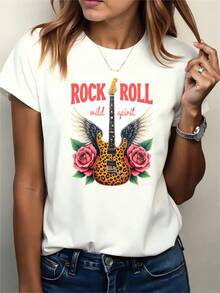 Primavera.1pac.100%Cotton.100% Cotton Womens Casual Cotton Short Sleeve Round Neck T-Shirt With Rock And Roll Leopard Guitar Print For Parties.Grafica Vacanze - 白色 - 查看 5