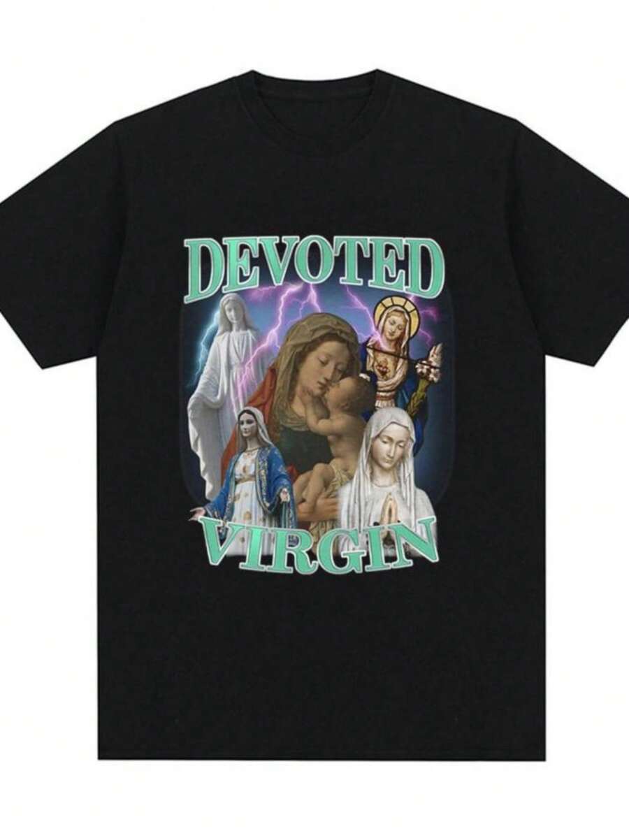 Women's T-ShirtsDevoted Virgin Meme Graphic T-Shirt Men Fashion Vintage Short Sleeve T-Shirts 100 Cotton Casual Oversized Tee Shirt Tops Unisex - 黑色 - 查看 1