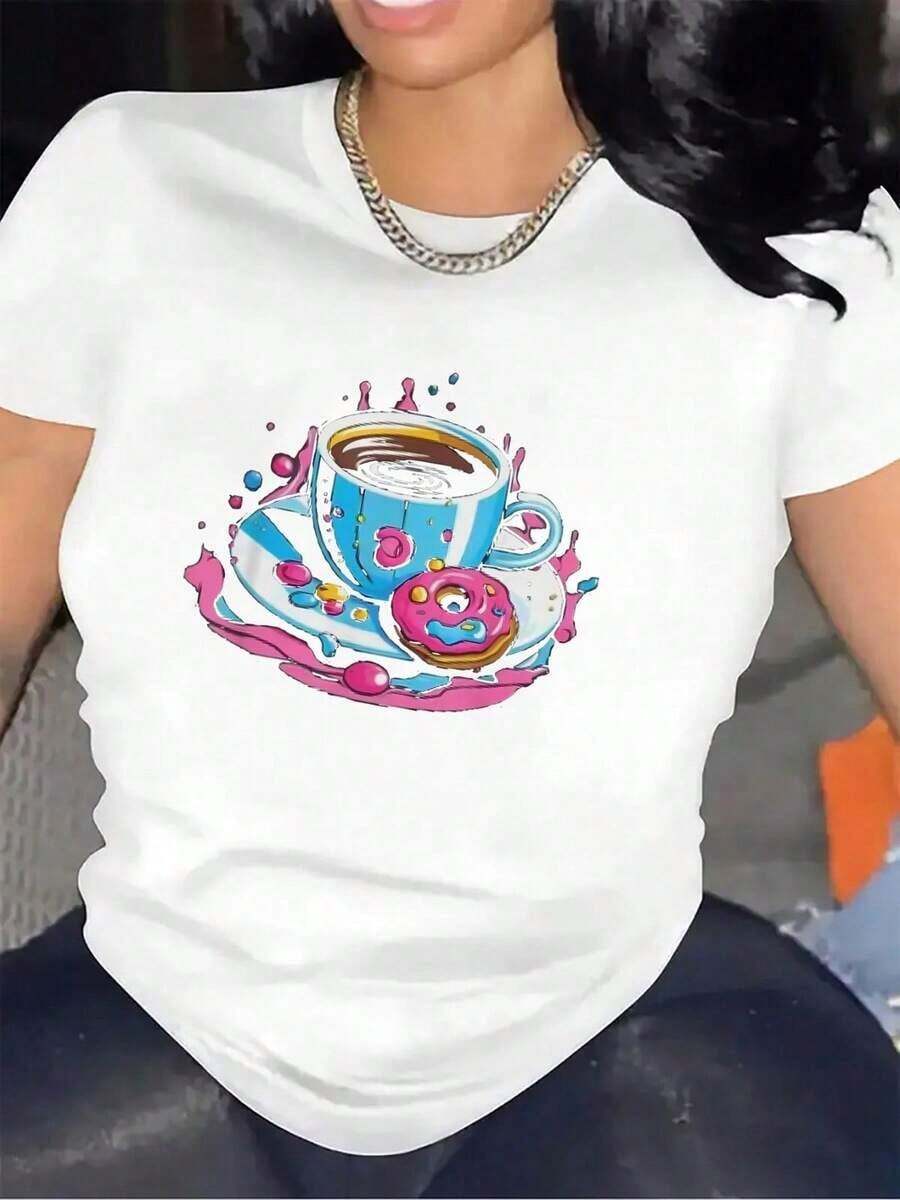 Short Sleeve T-Shirt With Coffee And Donut Graphic | Lightweight And Durable, Perfect For Casual Wear In The Kitchen Or Living Room, Fun Design For Everyday Comfort, Crew Neck, Medium Stretch Fabric. Women's Standard Size Casual T-Shirt, Breathable, Lightweight Short Sleeve Tee - 白色 - 查看 1