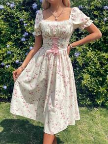 xheGlamine Vestido con cuello de volantes, mangas abullonadas, cintura con lazo y estampado de flores diminutas en patchwork, con estilo francés elegante para vacacionesxhe - Multicolor - Ver 7