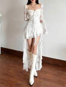 AltGoth Mall Goth Fairycore Dress Women Vintage Aesthetic Elegant Sweet Sexy See Through Irregular Hem High Waist Corset Dress Sheer Lace Up Back Floral Print Adjustable Bodice Ruffle Tiered Midi Length - 黑色 - 查看 5