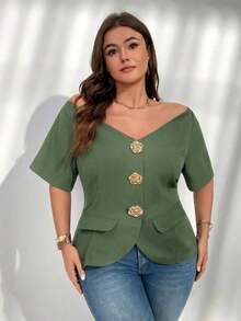delgada de estilo elegante con botones metálicos, hombros descubiertos y ajuste ceñido, ideal para uso diario, oficina, graduación, regreso a clases y atuendos de maestras en primavera/verano y otoño/invierno para mujeres de talla grande - verde menta - Ver 4