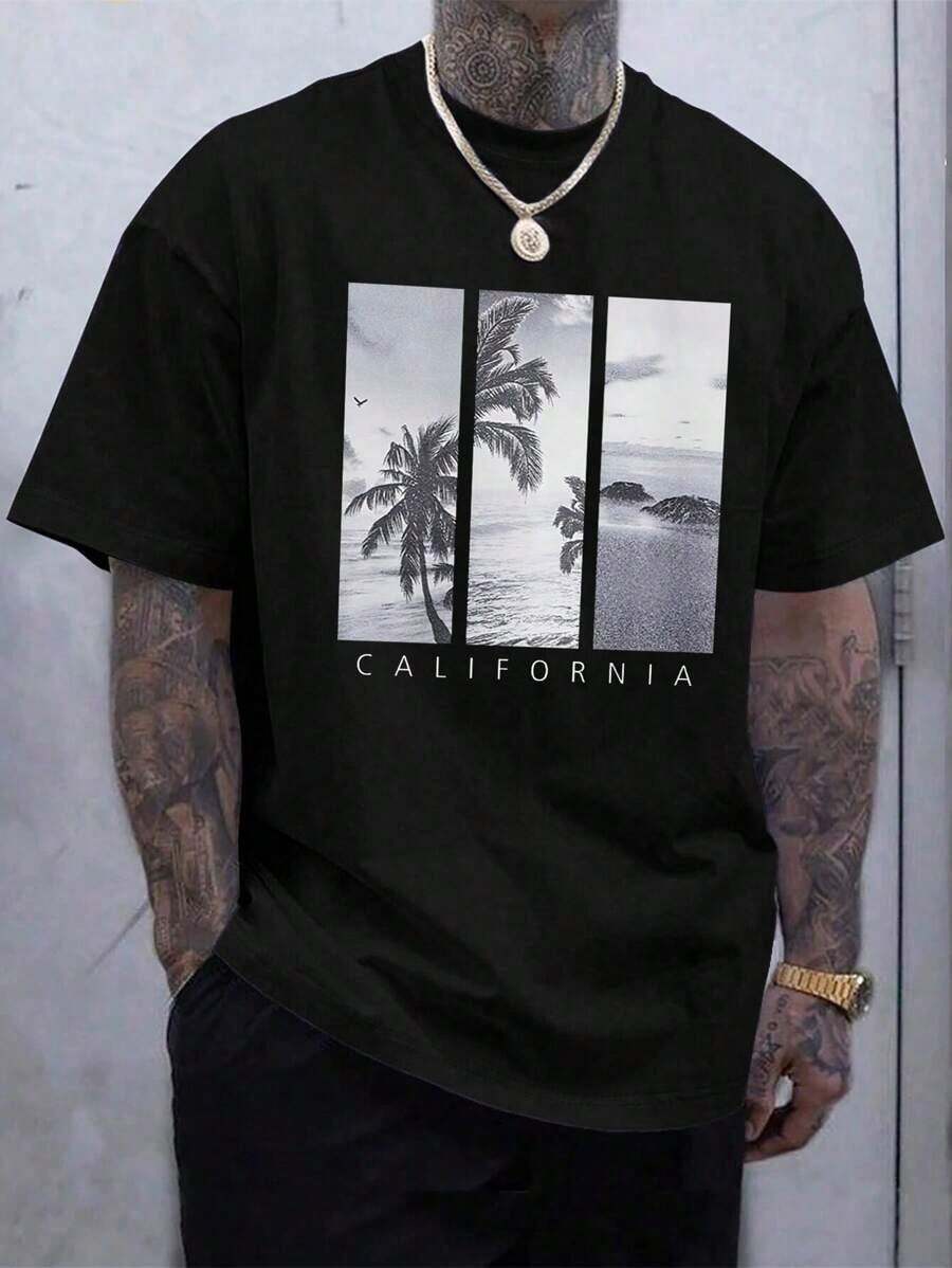 Men's Tropical Print T-Shirt - 黑色 - 查看 1