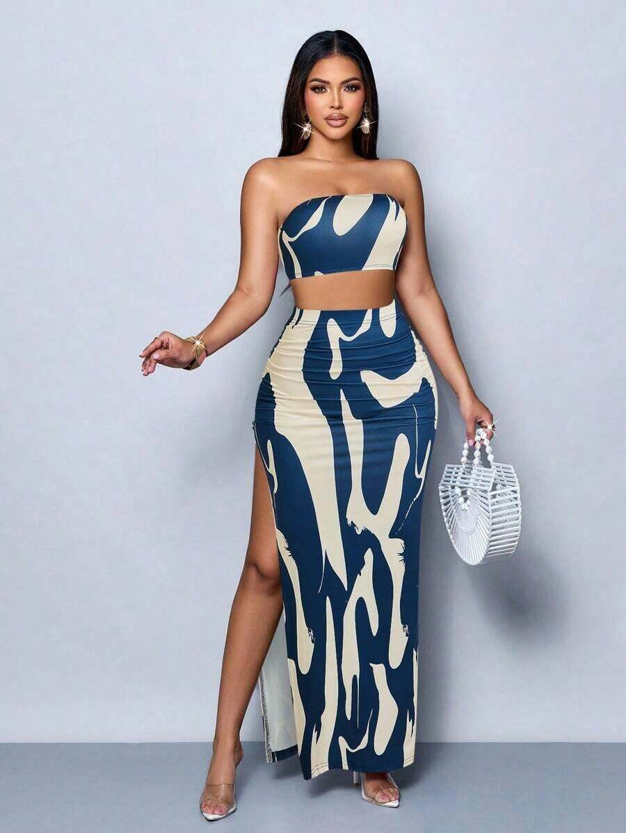 Vestido maxi elegante de fiesta con estampado de rayas abstractas y colores vibrantes, diseño ceñido y sexy, perfecto para salir, fiestas y vacaciones - Multicolor 11 - Ver 1