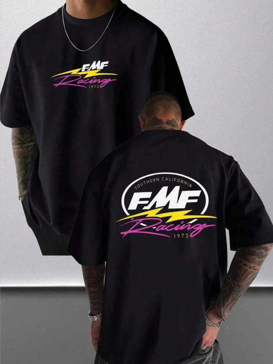 Men's Graphic T-Shirt With Racing Logo, Everyday Wear, 100% Cotton, Unisex, Gift Idea - 黑色 - 查看 1
