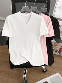 Camiseta casual de mujer de manga corta con cuello en V liso, versátil - Multicolor 3 - Ver 3