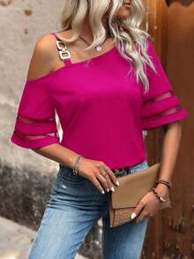 Camisa asimétrica de cuello transparente con contraste de malla - Rosa Fucsia - Ver 7