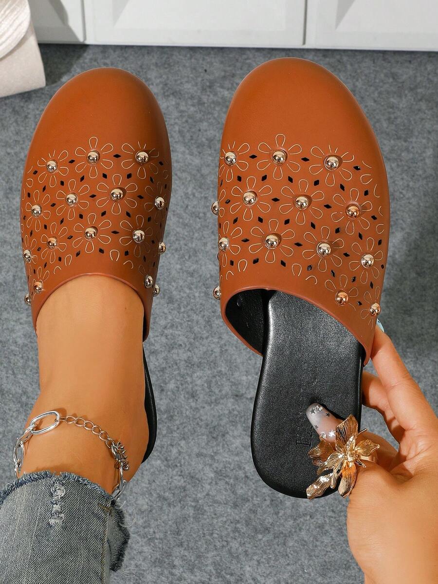 Vintage Rivet Backless Mules Women Shoes, Flat Slip-On Punk Style Comfortable Versatile Outdoor Slippers