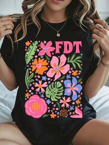 Camiseta Floral de Pascua con Estampado de Flores, Blanca, Ropa Casual de Primavera Verano - Negro - Ver 12