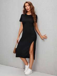 Vestido sólido con abertura alta, vestidos de verano para mujer, casual - Negro - Ver 1