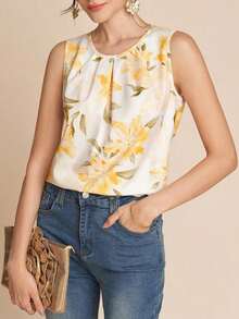 Blusa de cuello redondo sin mangas con estampado floral, nueva moda para mujer, ideal para otoño/invierno, vuelta al colegio, modesta, vintage, dinero antiguo, profesora, aeropuerto, verano - Multicolor - Ver 3