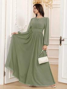 Vestido de dama de honor formal de gasa de manga larga hasta el suelo con corte evasé, color borgoña elegante, vestido de invitada de boda, mangas sin forro, primavera - Matcha - Ver 4