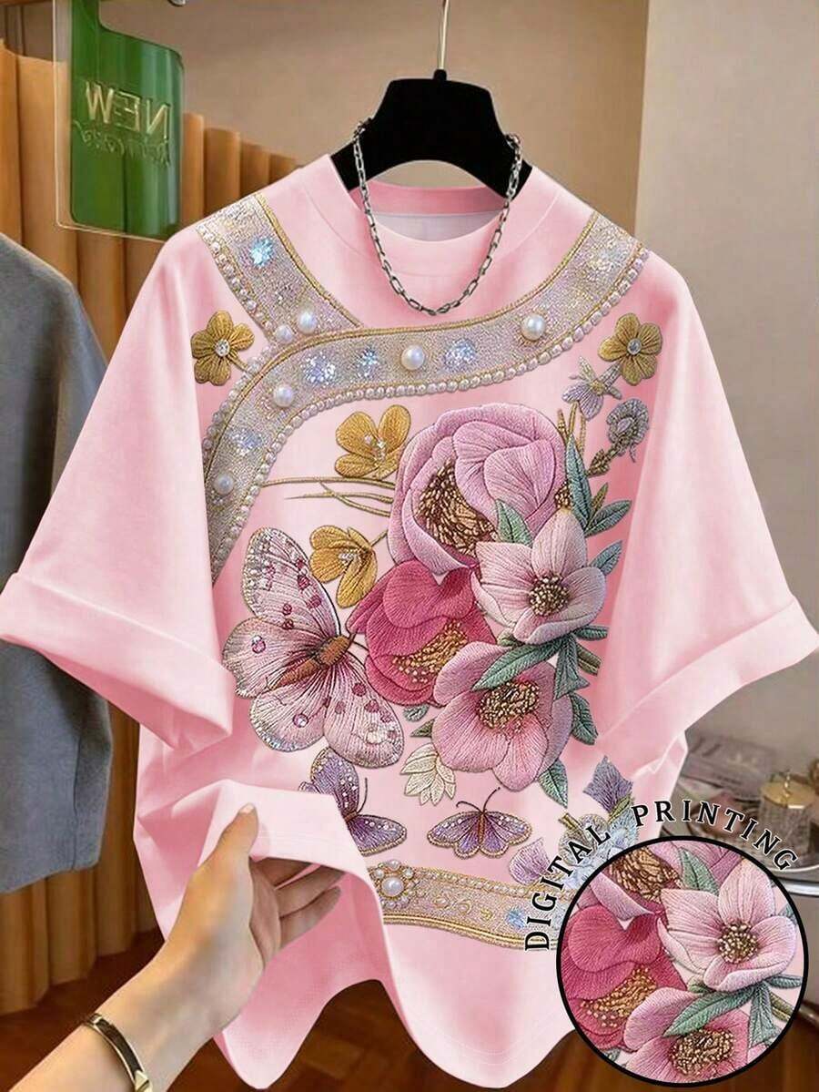 Camiseta de mujer de manga corta con cuello redondo y bordado de limón - Multicolor 2 - Ver 1