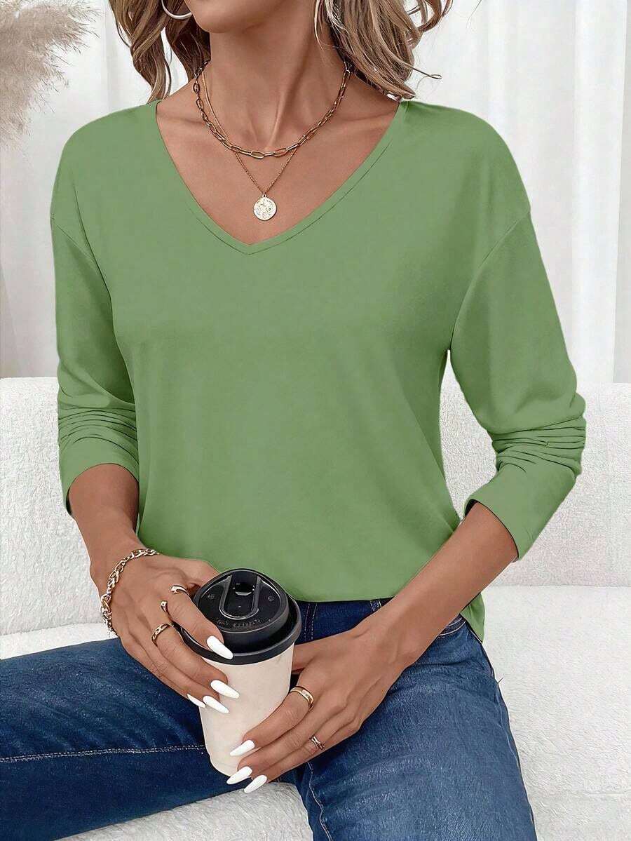 Camiseta de manga larga con cuello en V regular y estilo minimalista casual, adecuada para otoño/invierno - Verde - Ver 1