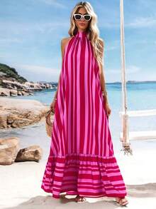 Vestido de mujer con tirantes de espagueti con estampado de rayas tejidas, ropa de verano, Día de San Valentín, atuendos de vacaciones para mujer, atuendos de playa para mujer, festival, romántico, bohemio, BOHO, dulce, atuendos de rave festiva - Rosa - Ver 1