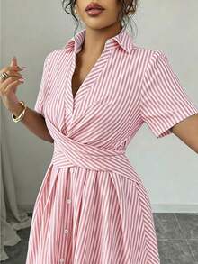 Women's Summer Shirt Dress, V-Neck, Raglan Sleeves, Crossover Waist Tie, Pink Stripes - 紅色 - 查看 4