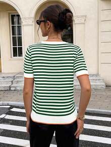 Mujeres veraniegas de moda Top de tejido de punto de rayas simple negro y blanco, Todo coincidente - Verde - Ver 2