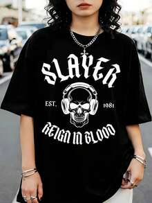 Oversized Black Slayer Reign In Blood Metal Band Skull T-Shirt - Black - View 6