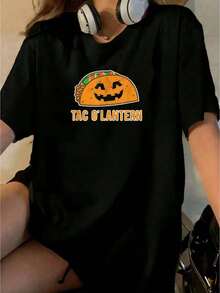 Disfraz de Halloween de tacos, camiseta de calabaza Tac O', camisetas gráficas para mujeres, tops cortos, ropa de otoño para mujeres, conjuntos para mujeres, ropa de otoño para mujeres, tops, camiseta - Negro - Ver 7