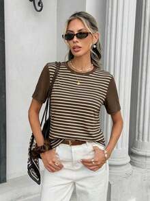 Frenchy Camiseta de mujer de manga corta, cuello redondo, a rayas, de estilo casual para el verano - Marrón 3 - Ver 4