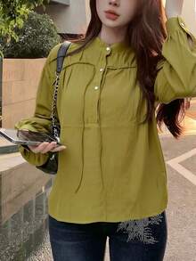 Black Long-Sleeved Shirt With A High Collar And Pleats, Elegant And Versatile Style - Olive Green - View 4