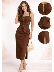 2-PIECE SET: STRAP TOP WITH ZIPPER + LONG SKIRT WITH SIDE SLIT - ELEGANT AND CHIC. - Rust Brown - View 2