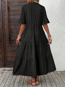 Vestido midi minimalista de unicolor y casual para mujer, vestido maxi verde de manga corta, vestido maxi casual de manga corta, vestido de verano para mujer, vestido de vacaciones, ropa de otoño, vestidos casuales para mujer, vestido elegante, casual - Negro - Ver 2
